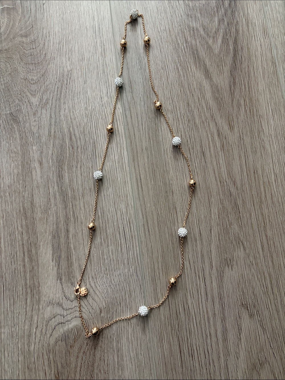 Gold Beaded Station Necklace with White Pavé Spheres - Picture 2 of 7